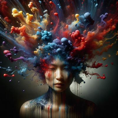 The primary subject of the image is a woman with a colorful head, featuring a mix of colors and patterns. The setting is a dark background, which contrasts with the vibrant colors of the woman's head. The visual style is a combination of photo and digital art, creating a unique and artistic representation of the woman. The colors and mood of the image are lively and energetic, with the woman's head being the focal point of the composition.
